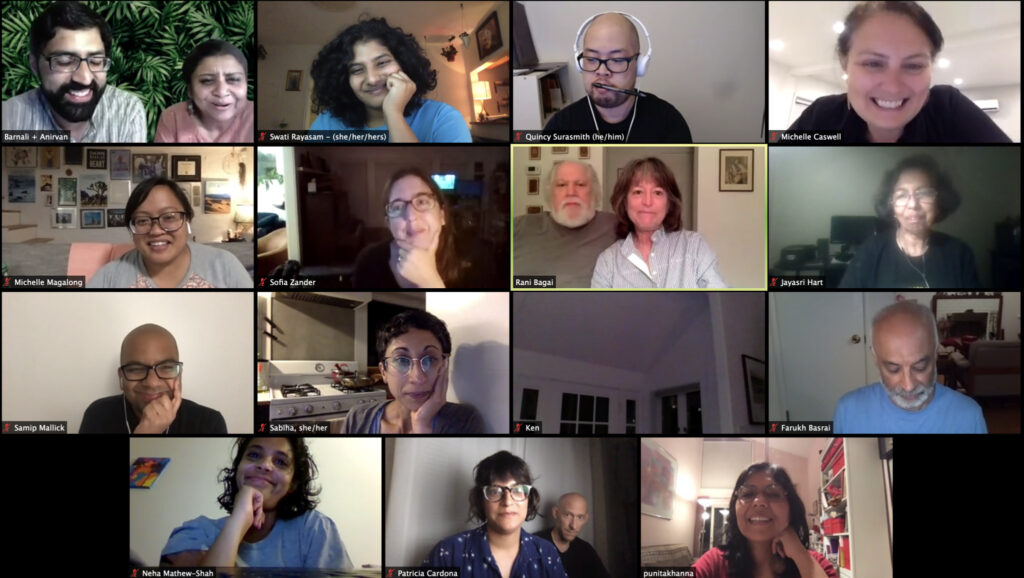 A screenshot of a Zoom call, with seventeen smiling faces of friends of Kala Bagai Way calling in from their homes